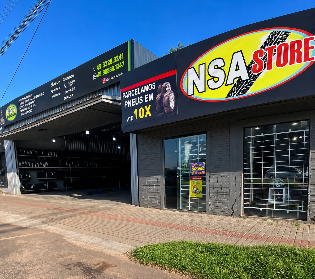 Fachada da Borracharia NSA Store com estoque de pneus e atendimento